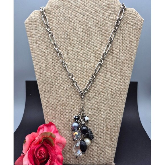 Silver Tone Toggle Necklace Textured Link Multi Beaded Pendant Dangle Tassel 20" - Picture 3 of 10